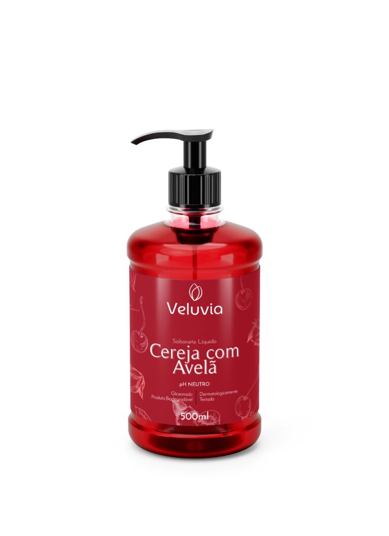 Sabonete líquido Veluvia Cereja com Avelã 500 ml com pump preto.